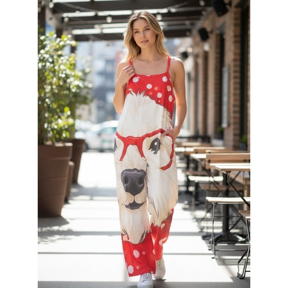 NWOT Playful Red Dog Print Jumpsuit L B66